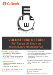 Please click onto this image and email chanyca@caltech.edu, or call (626) 344-9648. Leave your name and phone number along with the best days and times to reach you. Please state the purpose of your call is regarding Multisensory Study Inquiry.
