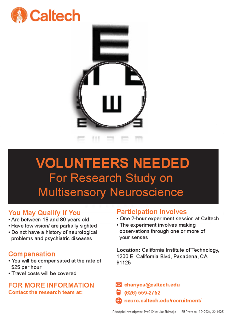 Please click onto this image and email chanyca@caltech.edu, or call (626) 344-9648. Leave your name and phone number along with the best days and times to reach you. Please state the purpose of your call is regarding Multisensory Study Inquiry.